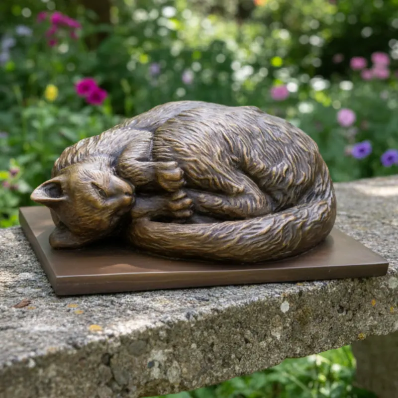 Simon Bronze Tabby Cat Statue Curled Up On Bronze Base 1