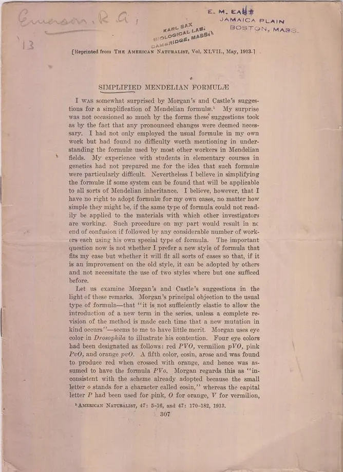 Simplified Mendelian Formulae  By Emerson, Ra 1