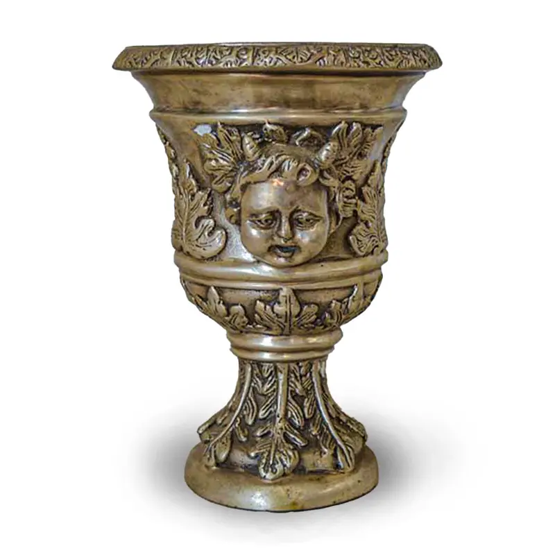 Small Greco-Roman Urn With Cherub Faces And Palmettos In Silver Patina 1