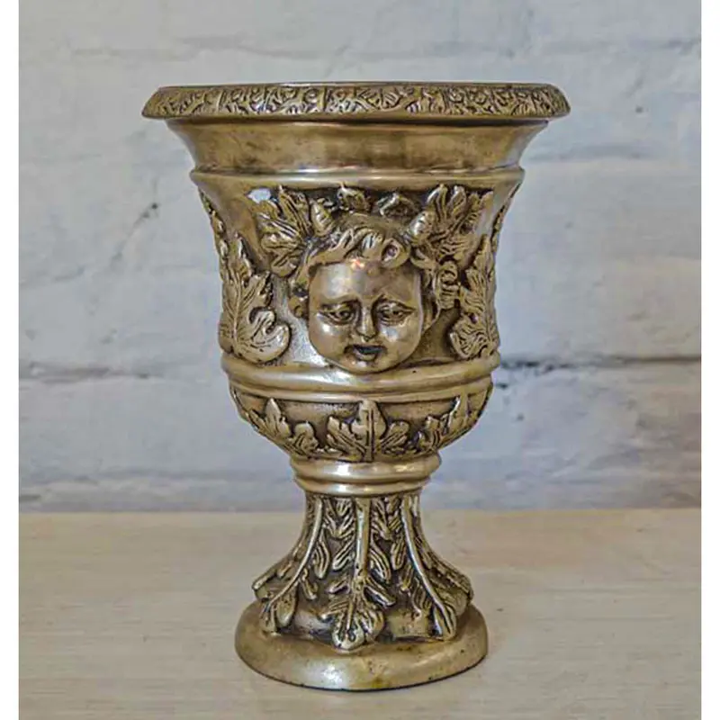 Small Greco-Roman Urn With Cherub Faces And Palmettos In Silver Patina 2