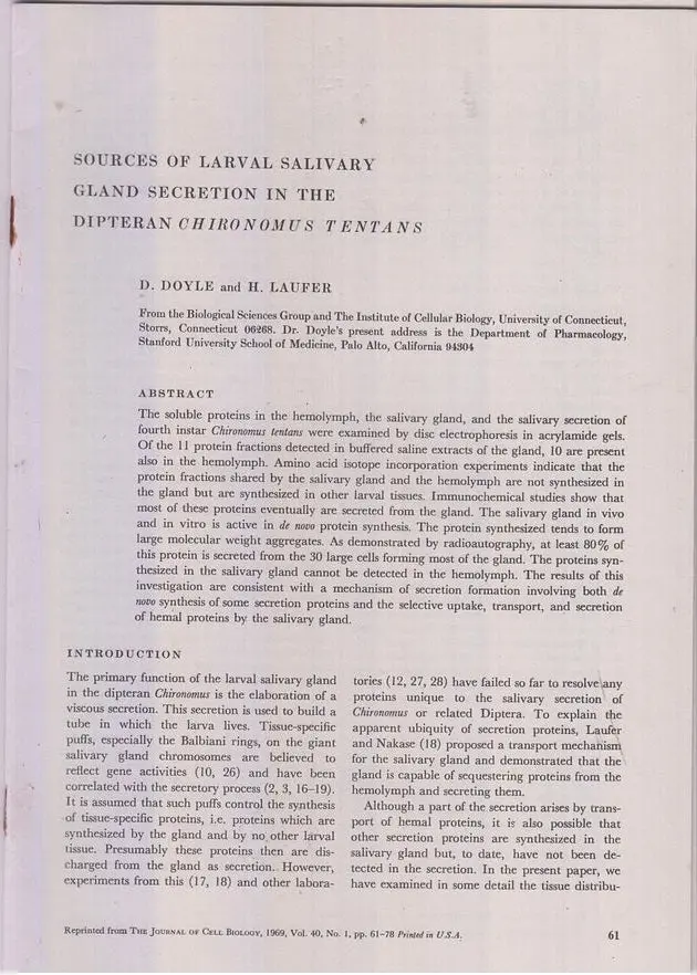 Sources Of Larval Salivary Gland Secretion In The Dipteran Chironomus Tentans  By Doyle, D. And H. Laufer 1