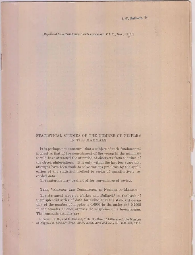 Statistical Studies Of The Number Of Nipples In The Mammals  By Harris, J. Arthur 1