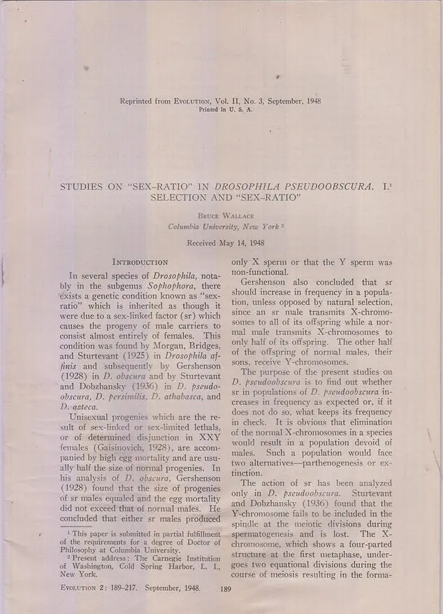 Studies On ├Â┬Ó├Óôçü┬¼├Àôç£Sex Ratio├Â┬Ó├Óôçü┬¼├É┬Ø In Drosophila Pseudoobscura. I. Selection And ├Â┬Ó├Óôçü┬¼├Àôç£Sex-Ratio├Â┬Ó├Óôçü┬¼├É┬Ø  By Wallace, Bruce 1