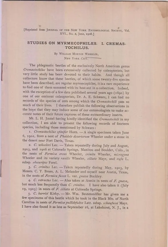 Studies On Myrmecophiles. I. Cremas-Tochilus  By Wheeler, William Morton 1