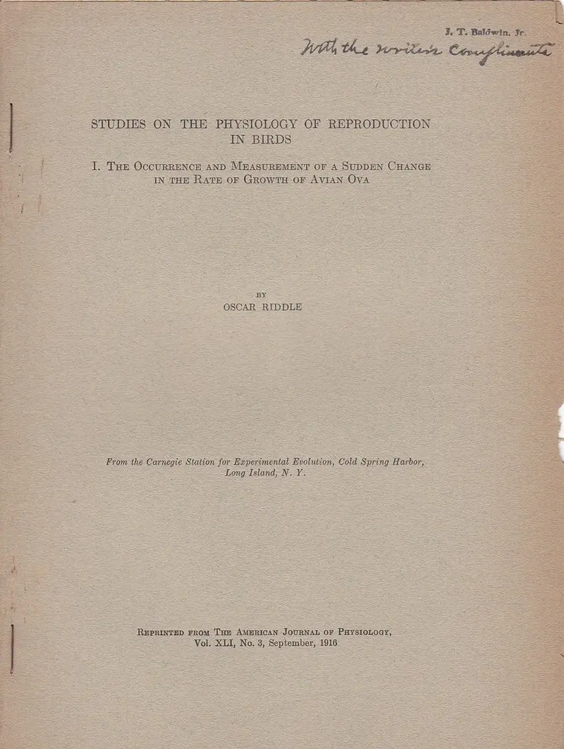 Studies On The Physiology Of Reproduction In Birds I. The Occurrence And Measurement Of A Sudden Change In The Rate Of Growth Of Avian Ova 1