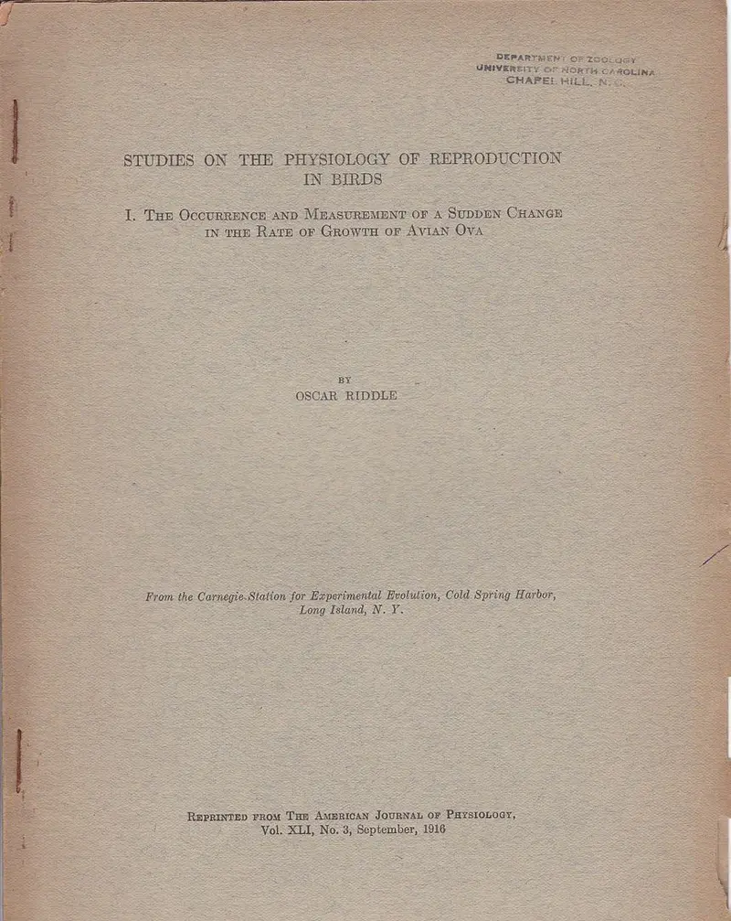 Studies On The Physiology Of Reproduction In Birds I. The Occurrence And Measurement Of A Sudden Change In The Rate Of Growth Of Avian Ova 1