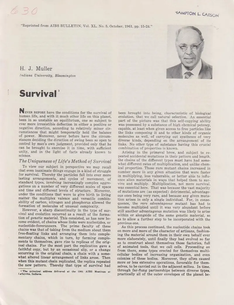 Survival By Muller, H.J. 1