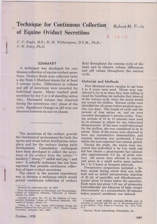 Technique For Continuous Collection Of Equine Oviduct Secretions  By Engle, C.C., D.M. Witherspoon, C.W. Foley 1