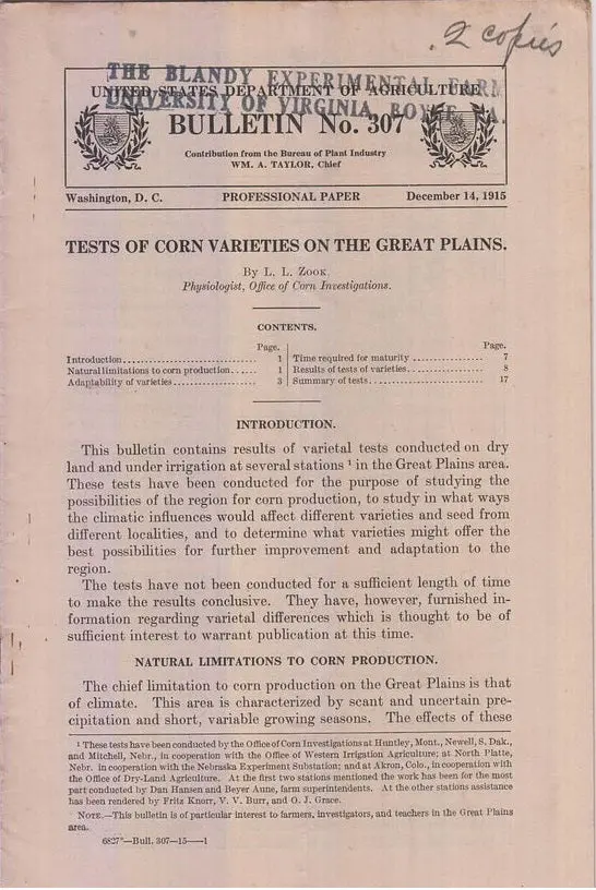 Test Of Corn Varieties On The Great Plains  By Zook, L.L. 1