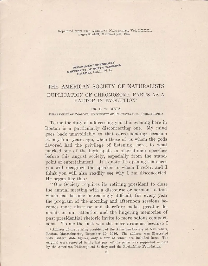 The American Society Of Naturalists Duplication Of Chromosome Parts As A Factor In Evolution 1