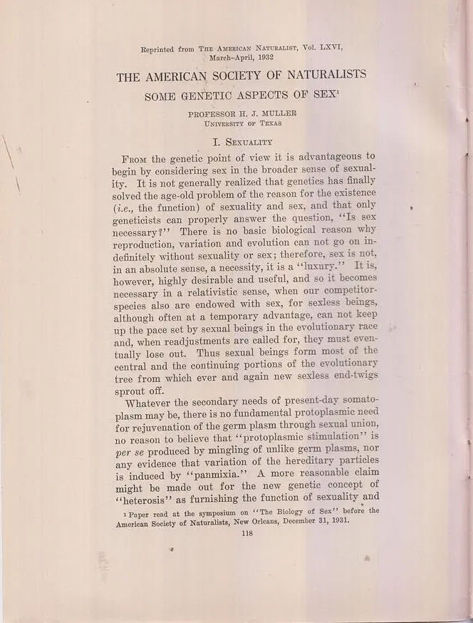 The American Society Of Naturalists, Some Genetic Aspects Of Sex  By Muller, H.J. 1