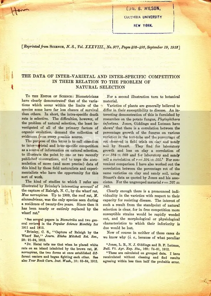 The Data Of Inter-Varietal And Inter-Specific Competition In Their Relation To The Problem Of Natural Selection  By Harris, Arthur 1