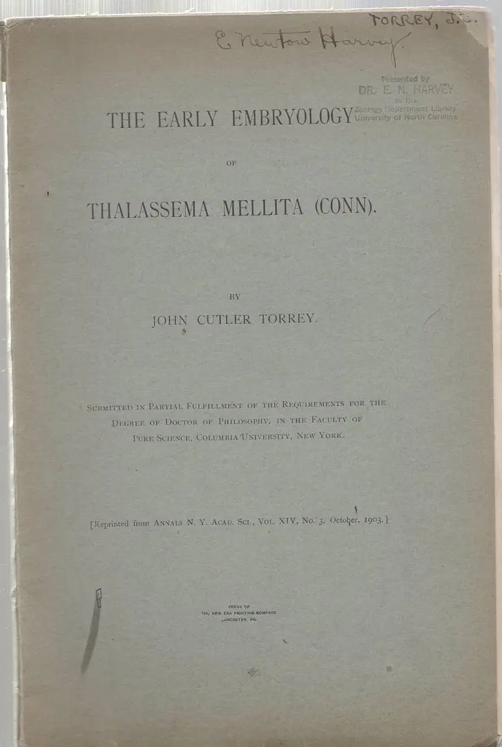 The Early Embryology Of Thalassema Mellita (Conn) 1