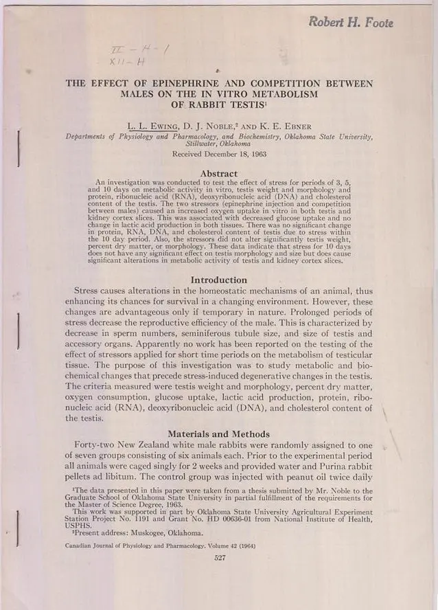 The Effect Of Epinephrine And Competition Between Males On The In Vitro Metabolism Of Rabbit Testis  By Ewing, L.L. D.J. Noble, K.E. Ebner 1