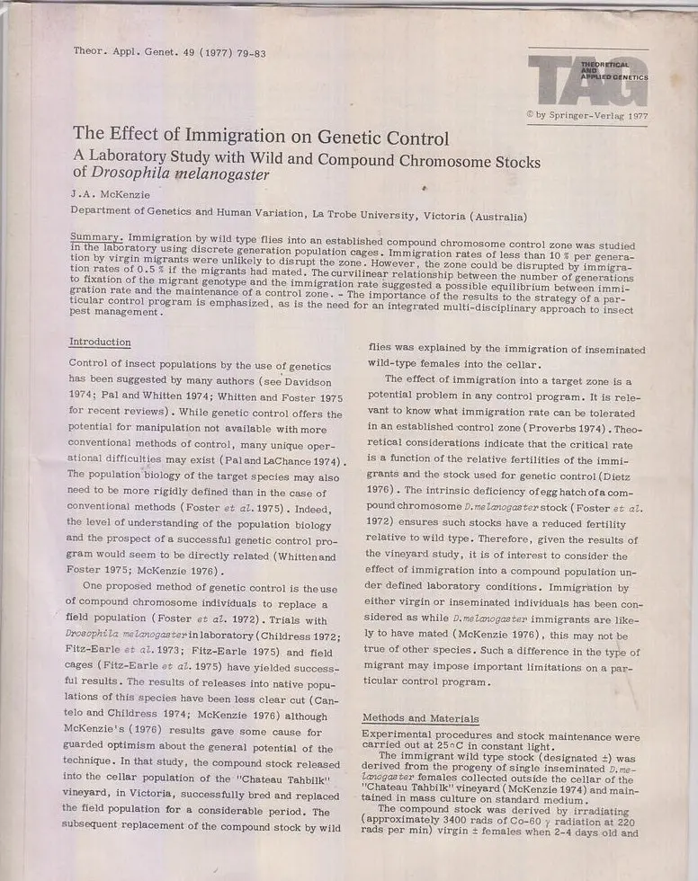 The Effect Of Immigration On Genetic Control: A Laboratory Study With Wild And Compound Chromosome Stocks Of Drosophila Melanogaster  By Mckenzie, J.A. 1