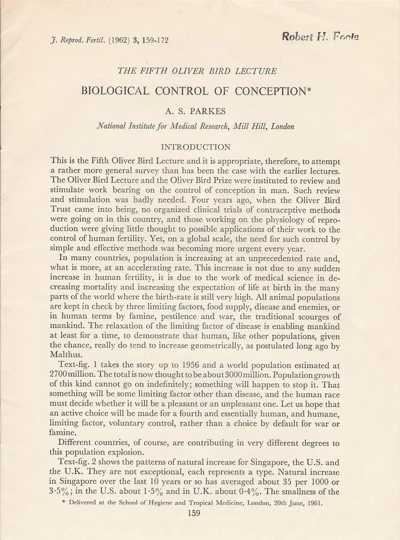 The Fifth Oliver Bird Lecture Biological Control Of Conception 1
