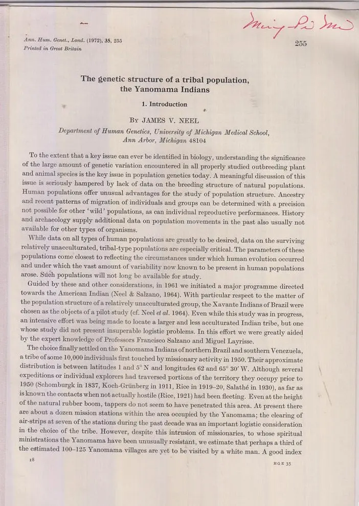 The Genetic Structure Of A Tribal Population, The Yanomama Indians  By Neel, James V. 1