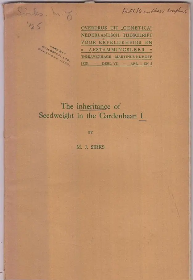 The Inheritance Of Seedweight In The Gardenbean I  By Sirks, M.J. 1