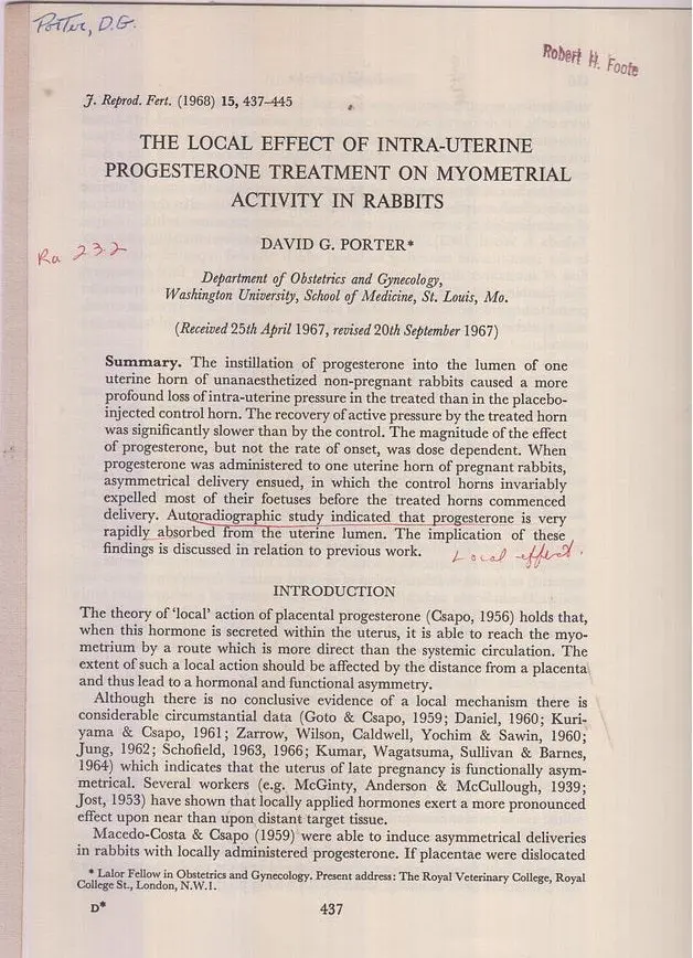 The Local Effect Of Intrauterine Progestrone Treatment On Myometrial Activity In Rabbits  By Porter, David G. 1
