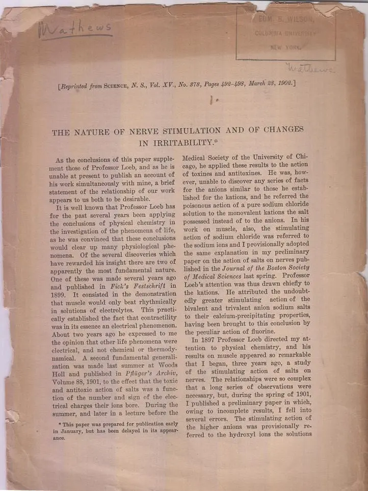 The Nature Of Nerve Stimulation And Of Changes In Irritability  By Matthews, A.P 1