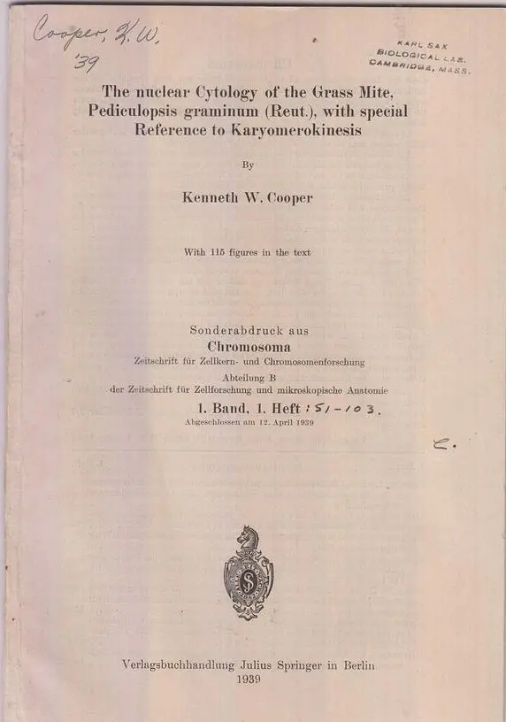 The Nuclear Cytology Of The Grass Mite, Pediculopsis Graminum (Reut), With Special Reference To Karyomerokinesis  By Cooper, Kenneth W. 1