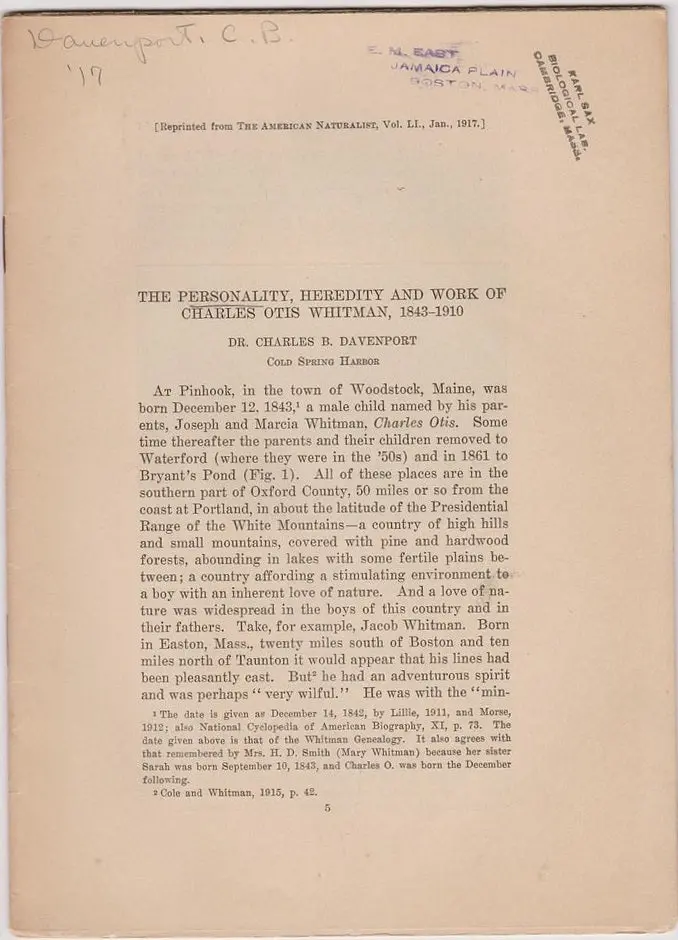 The Personality, Heredity, And Work Of Charles Otis Whitman, 1843-1910 1