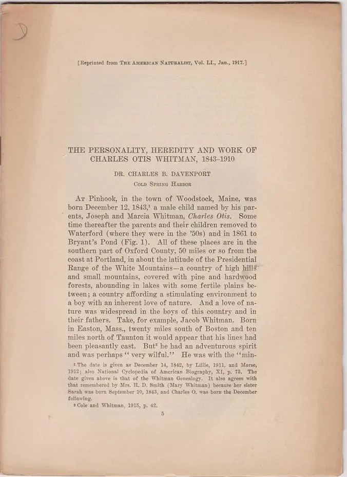 The Personality, Heredity, And Work Of Charles Otis Whitman, 1843-1910 1