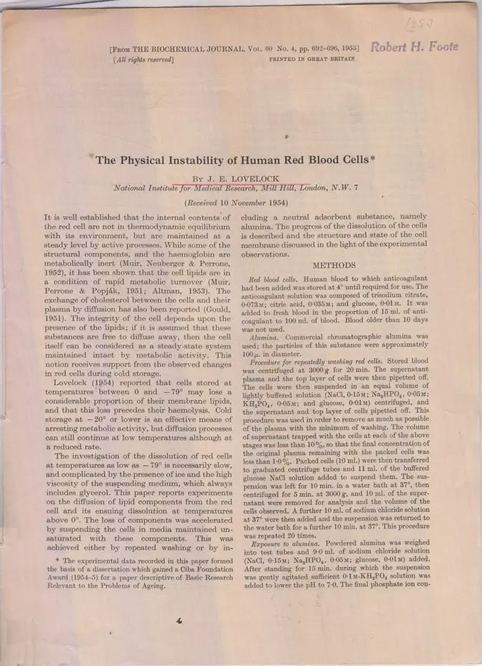 The Physical Instability Of Human Red Blood Cells  By Lovelock, J.E. 1