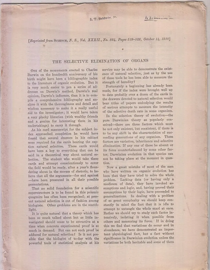 The Selective Elimination Of Organs  By Harris, J. Arthur 1