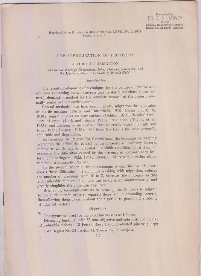 The Sterilization Of Protozoa  By Hetherington, Alford 1