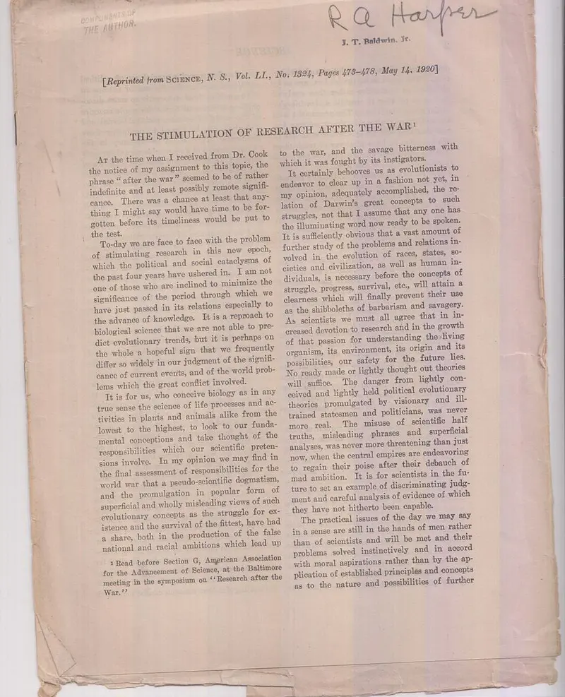 The Stimulation Of Research After The War  By Harper, R.A. 1