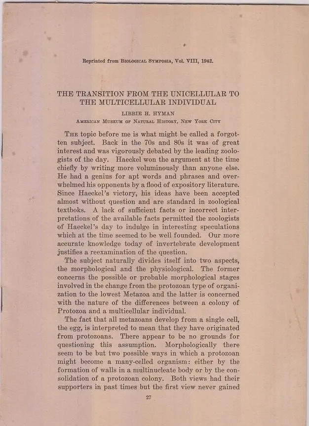 The Transition From The Unicellular To The Multicellular Individual.  By Hyman, Libbie H. 1