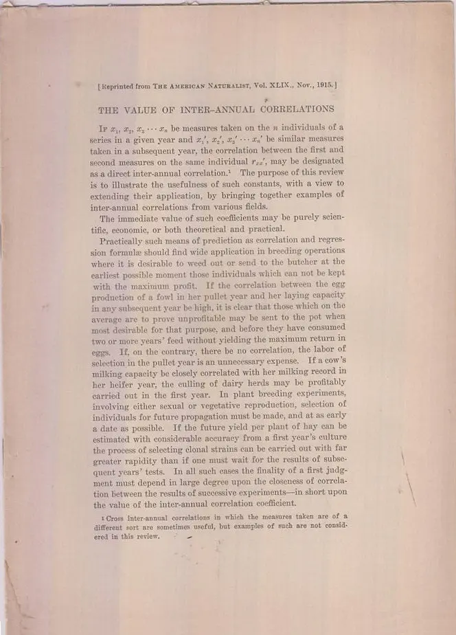 The Value Of Inter-Annual Correlations  By Harris, J. Arthur 1
