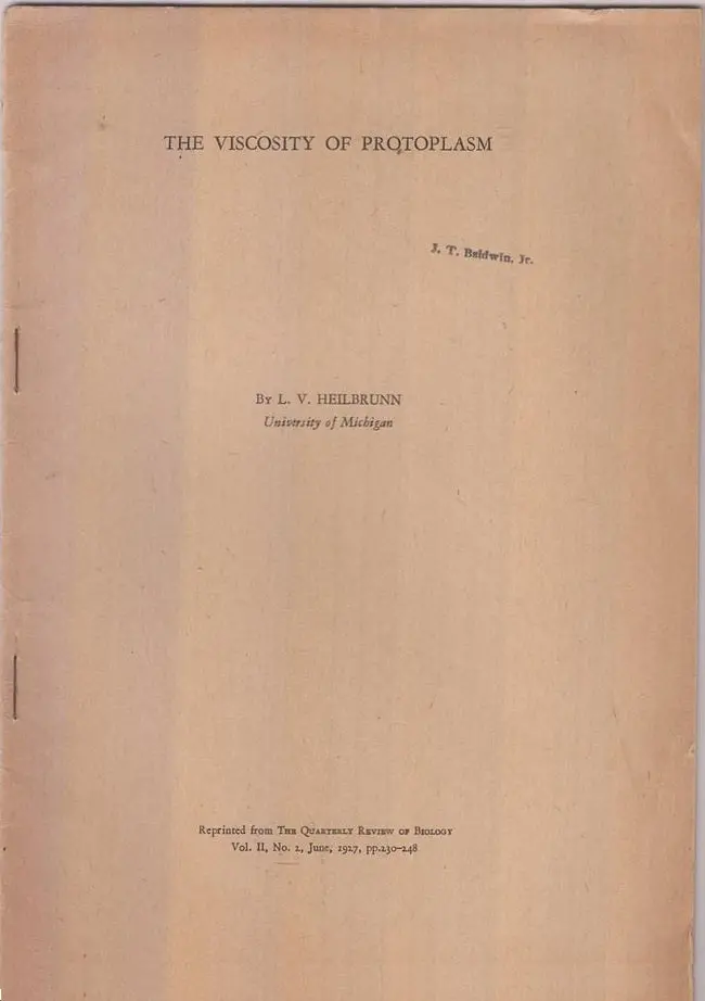 The Viscosity Of Protoplasm  By Heilbrunn, L.V. 1