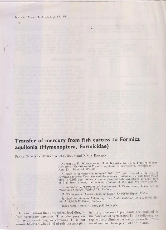 Transfer Of Murcury From Fish Carcass To Formica Aquilonia (Hymenoptera, Formicidae)  By Norteva, Pekka, Heikki Wuorenrinne, Maija Kaistila 1