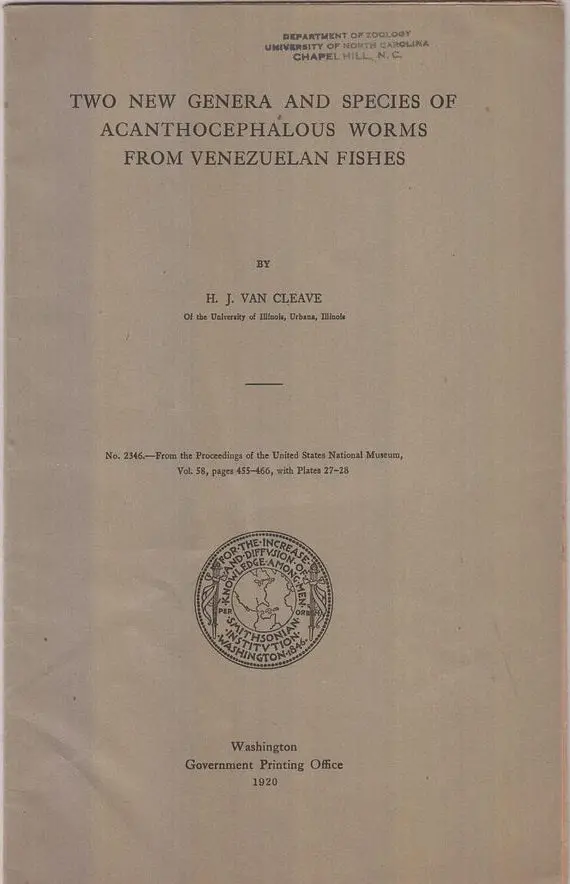 Two New Genera And Species Of Acanthocephalous Worms From Venezuelan Fishes  By Cleave, H.J. Van 1
