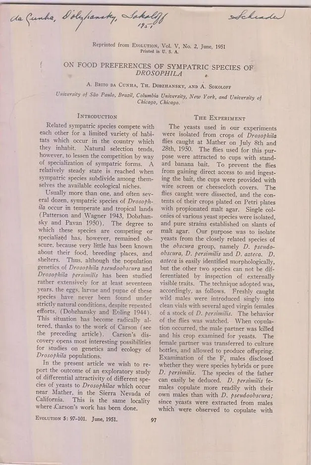 Two Offprints By Dobzhansky 1951 & 1955  By Dobzhansky, Theodosius 1