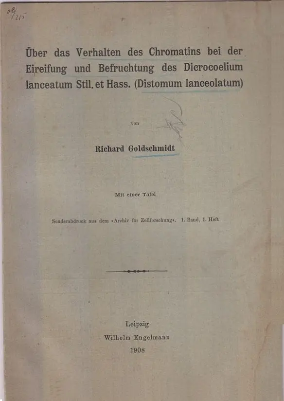 Uber Das Verhalten Des Chromatins Bei Der Eireifung Und Befruchtung Des Dicrocoelium Lanceatum Stil. Et Has. (Distomum Lanceolatum)  By Goldschmidt, Richard 1