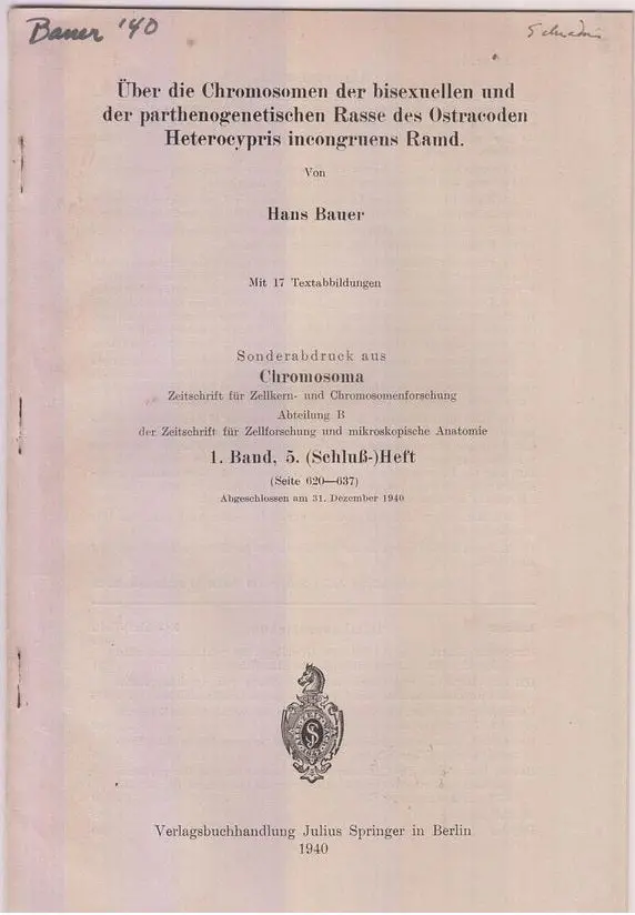 Uber Die Chromosomen Der Biscuellen Und Der Parthenogenetischen Rasse Des Ostracoden Heterocypris Incongruens Ramd  By Bauer, Hans 1