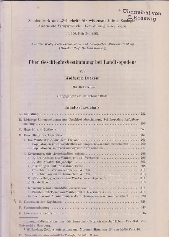 Uber Geschlechtsbestimmung Bei Landisopoden  By Leuken, Wolfgang 1