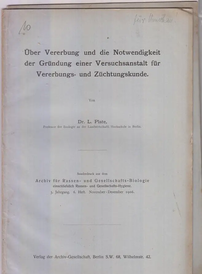 Uber Vererbung Und Die Notwendigkeit Der Grundung Einer Versuchsanstalt Fur Vererbungs- Und Zuchtungskunde  By Plate. L. 1