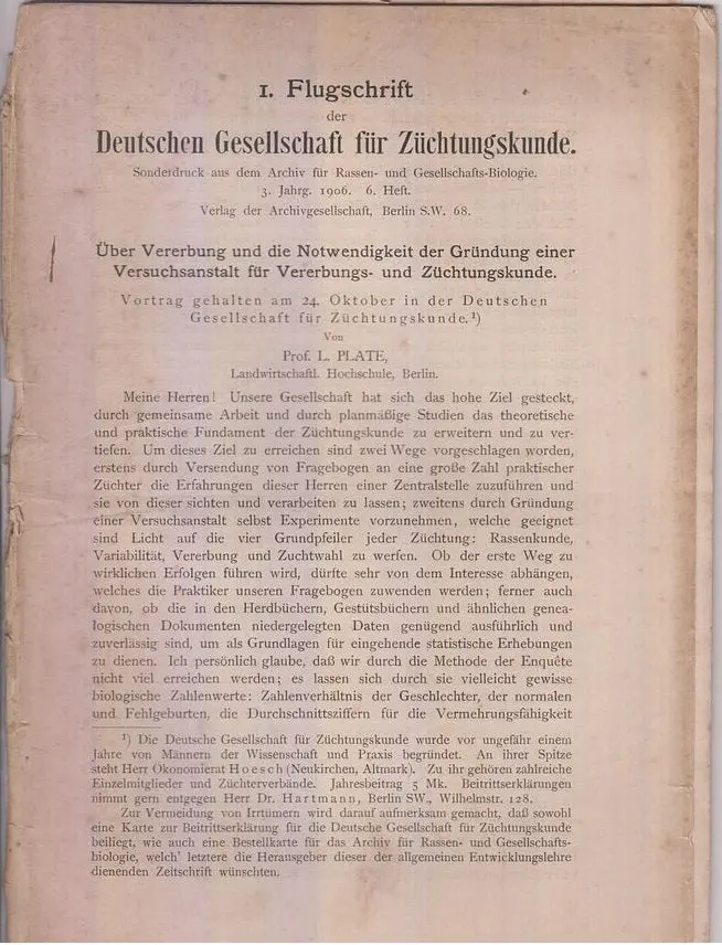 Uber Vererbung Und Die Notwendigkeit Der Grundung Einer Versuchsanstalt Fur Vererbungs- Und Zuchtungskunde  By Plate, L. 1