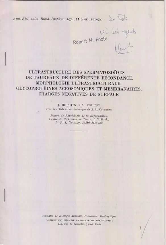 Ultrastructure Des Spermatozoides De Taureaux De Differente Fecondance. Morphologie Ultrastructurale, Glycoproteines Acrosomiques Et Membranaires, Charges Negatives De Surface  By Morstin, J., M. Courot. 1