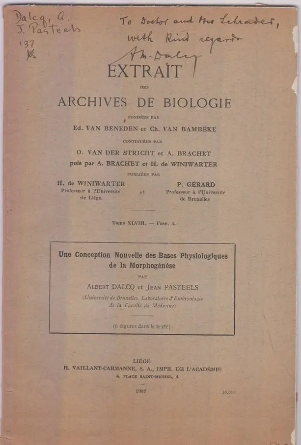 Une Conception Nouvelle Des Bases Physiologiques Del La Morphgenese  By Dalcq, Albert, Jean Pasteels 1