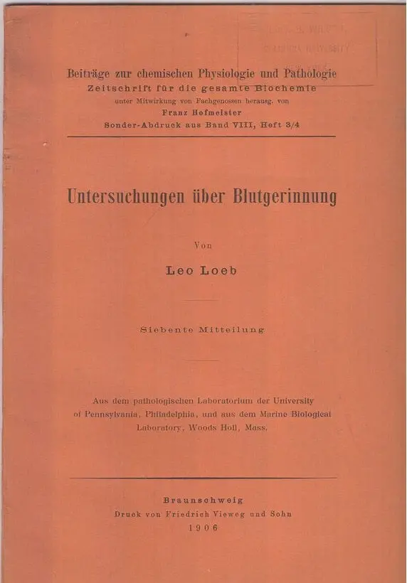 Untersuchungen Uber Blutgerinnung By Loeb, Leo 1
