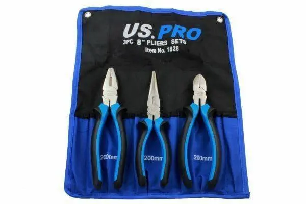 Us Pro 3Pc 8" Plier Set Ni-Fe Finish - Combination, Cutters, Long Nose 1828 1