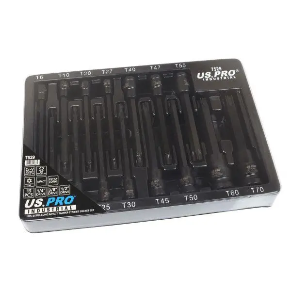 Us Pro Industrial 15Pc Extra Long Impact Tamper Star Torx Bit Sockets 1/4" 3/8" 1/2" Dr 7529 1