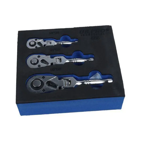 Us Pro Industrial 3Pc Stubby Flexi Head Ratchet Set 1/4" 3/8" 1/2" Drive 4236 1