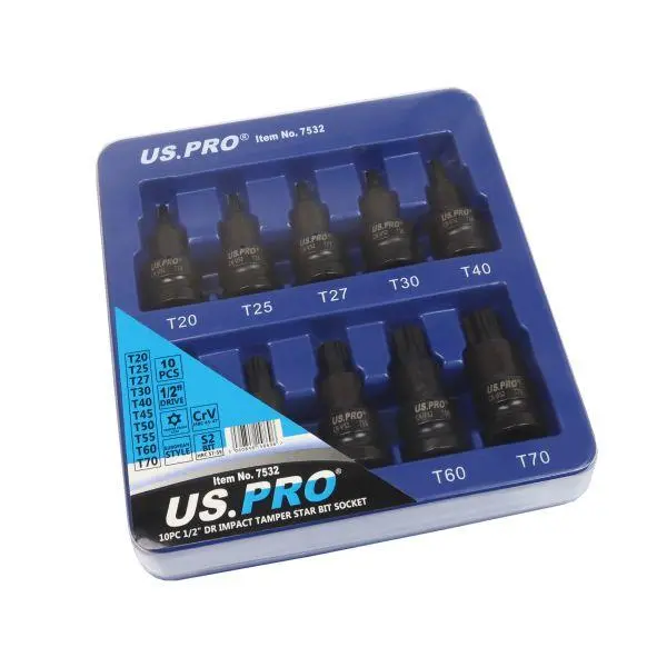 Us Pro Tools 10Pc 1/2" Dr Impact Tamper Star Torx Bit Socket Set T20 - T70 7532 1