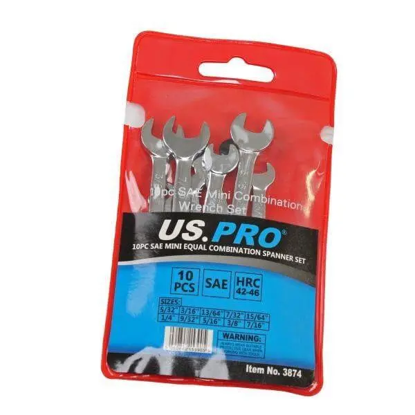 Us Pro Tools 10Pc Sae Mini Equal Combination Spanner Set 5/32" - 7/16" 3874 1